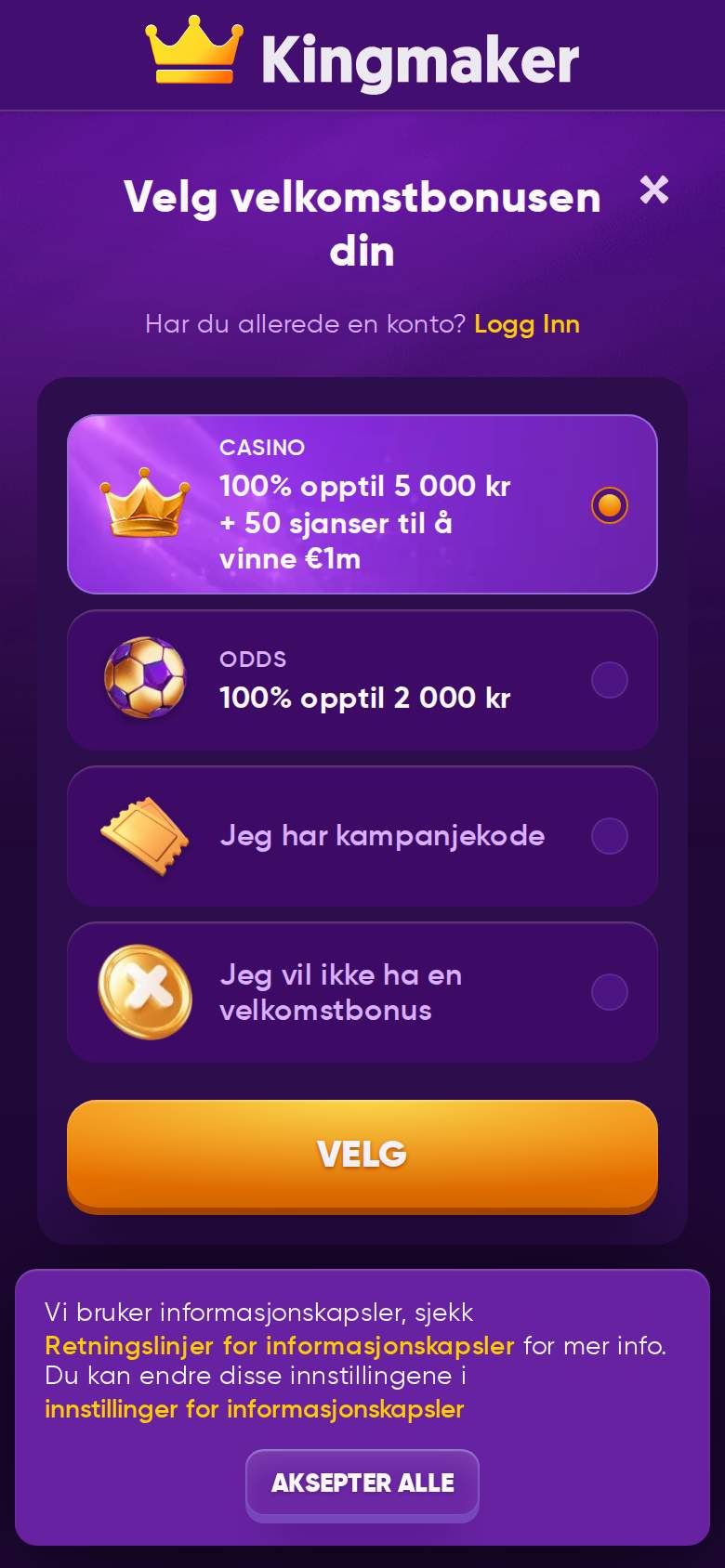 Kingmaker Casino — registrering